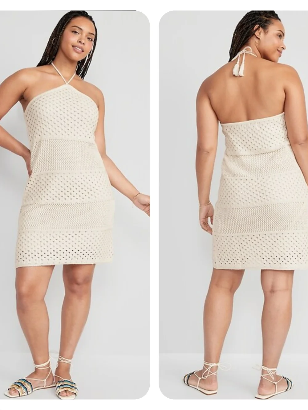 Old Navy Boho Cream Knit Crochet Halter Mini Dress Medium - Picture 2 of 12